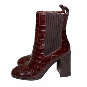 Deltan Mahogany Brown Crocodile Embossed Leather Block Heel Boots Size 7.5